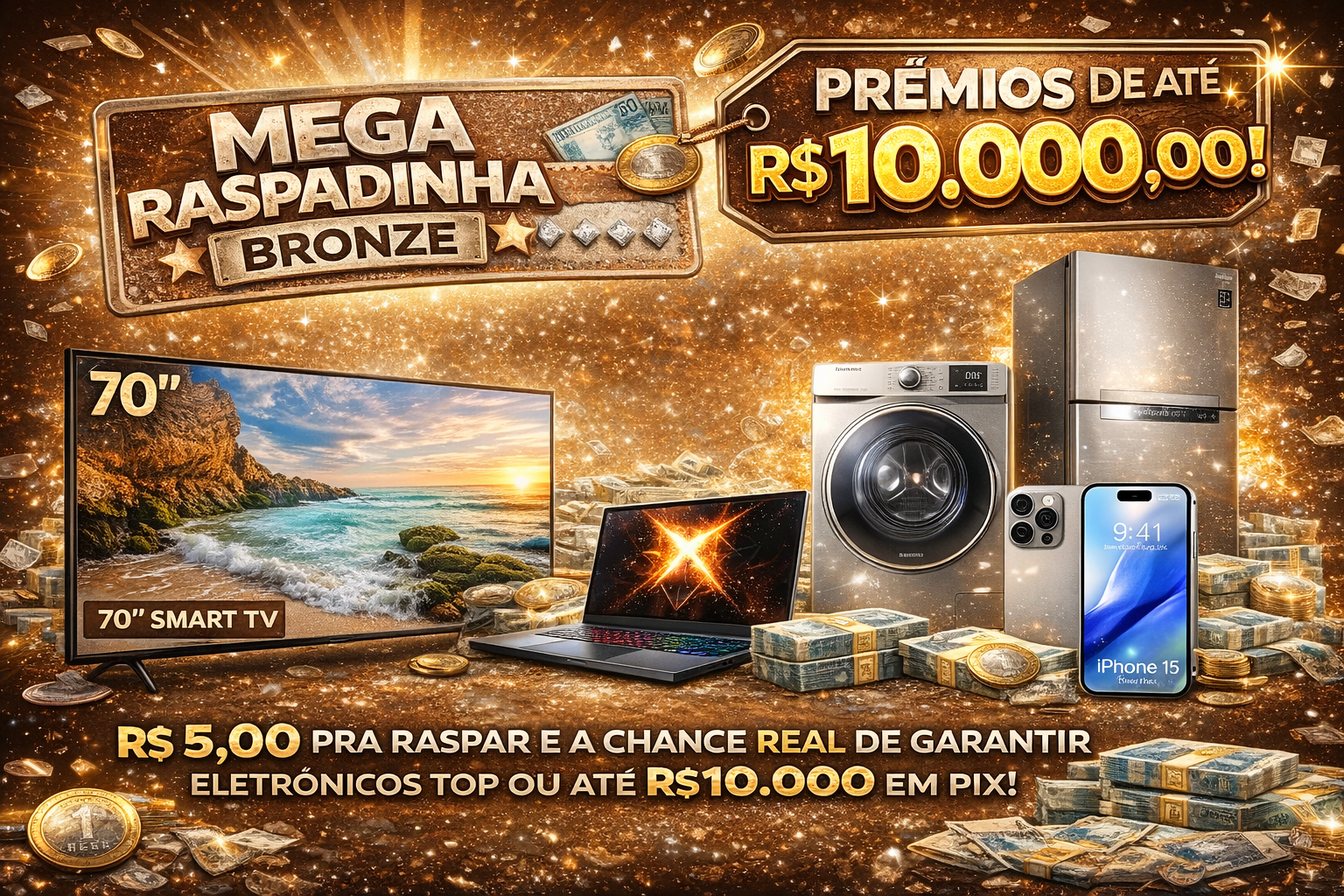 ✨ MEGA RASPADINHA BRONZE – APENAS R$ 5,00 ✨  💰 PRÊMIOS DE ATÉ R$ 10.000,00! 💰