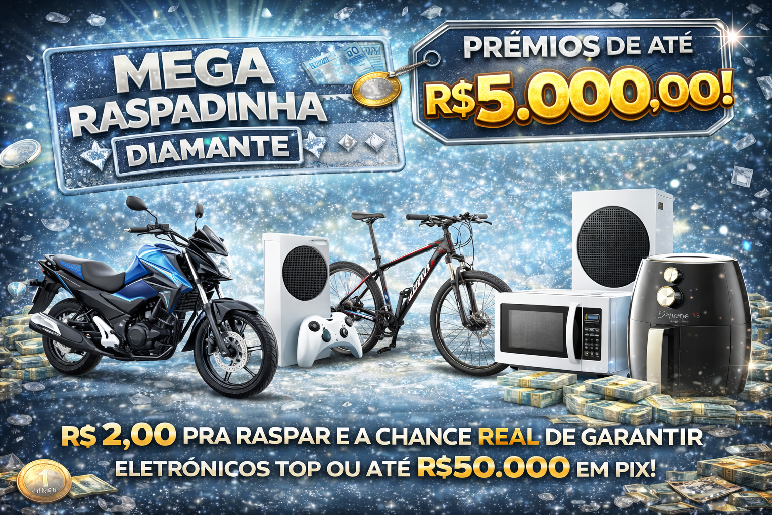✨ MEGA RASPADINHA DIAMANTE – APENAS R$ 2,00 ✨  💰 PRÊMIOS DE ATÉ R$ 5.000,00! 💰