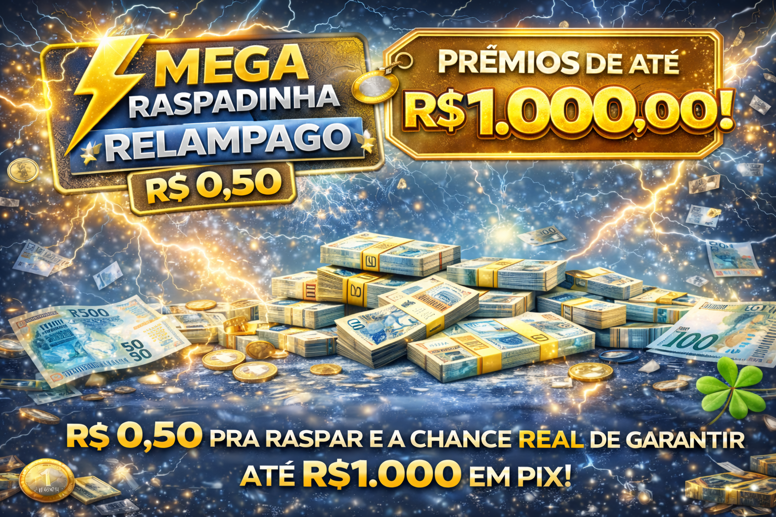 ⚡ MEGA RASPADINHA RELÂMPAGO – APENAS R$ 0,50 ⚡  💰 PRÊMIOS DE ATÉ R$ 1.000,00!  no PIX!