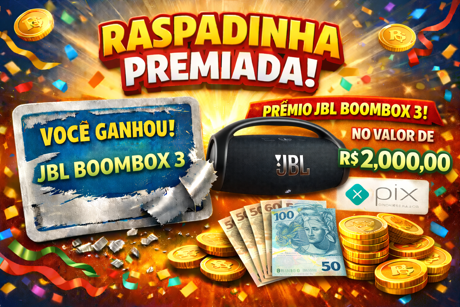Prêmio JBL BOOMBOX 3 ou R$ 2.000,00 reais no PIX