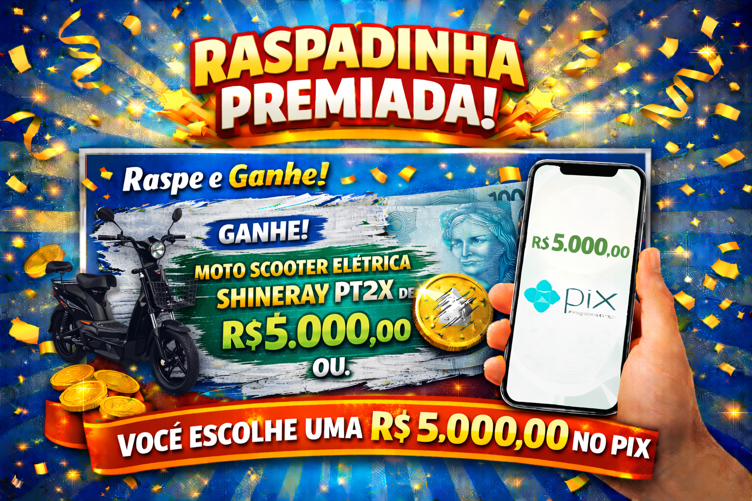 Prêmio moto Shineray PT2X ou R$ 5.000,00 no Pix