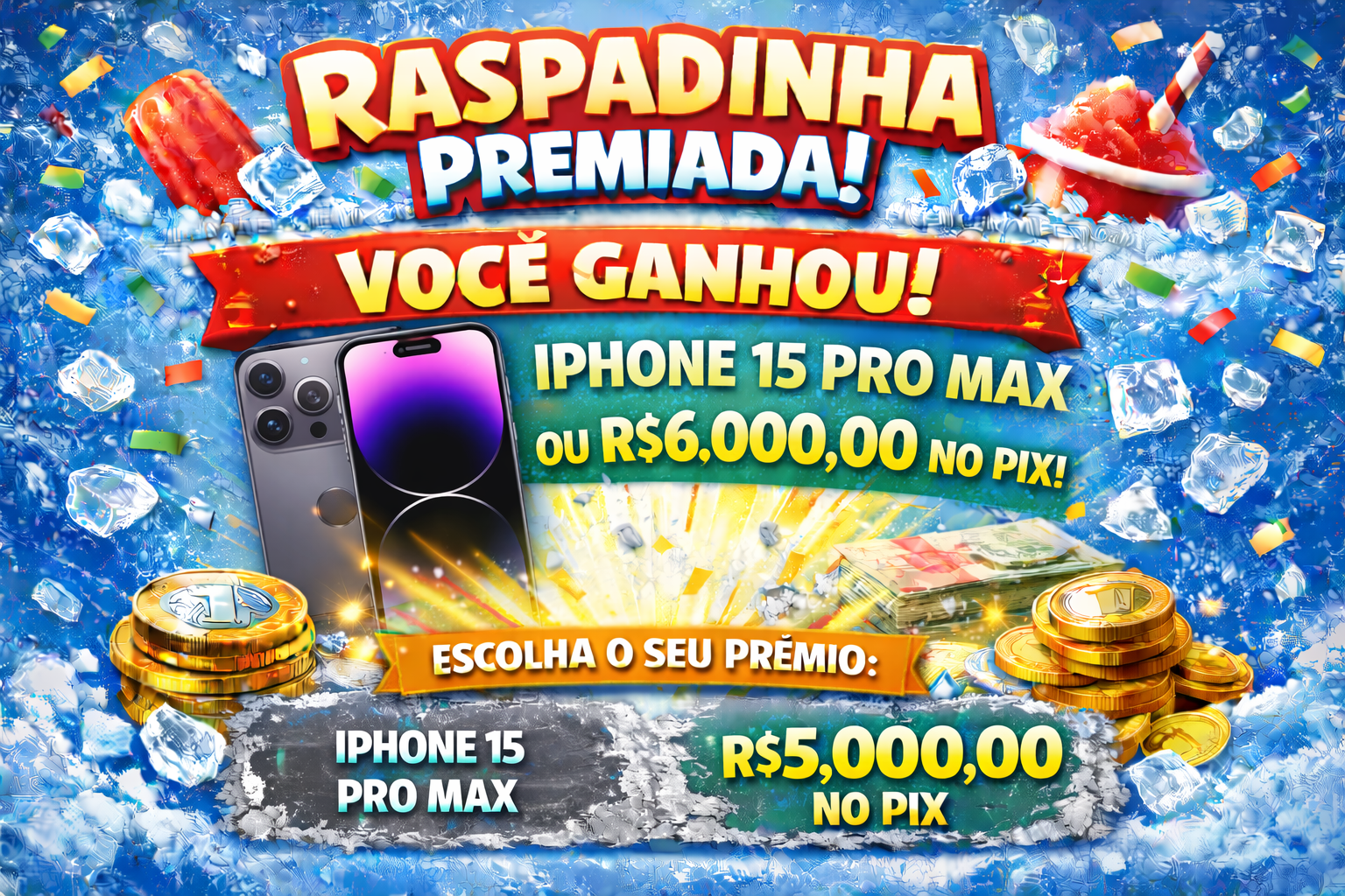 Prêmio celular iPhone 15 PRO MAX ou R$ 6.000,00 no Pix.